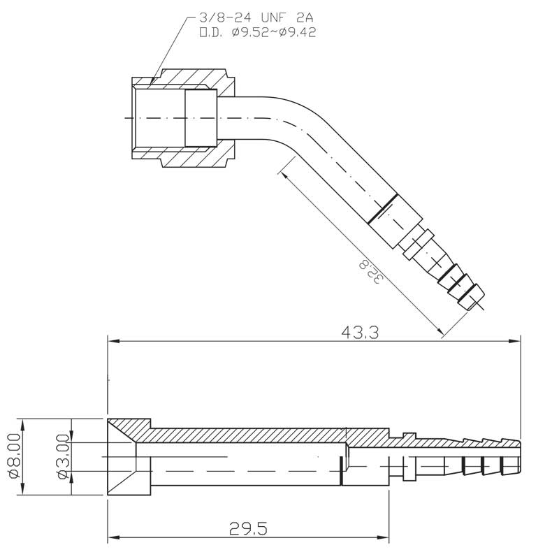 Presskoppling hona 3/8-24 45 grader (svivel)