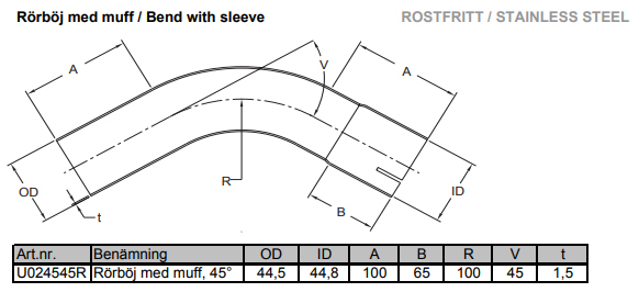44,5mm 45 grader avgasböj