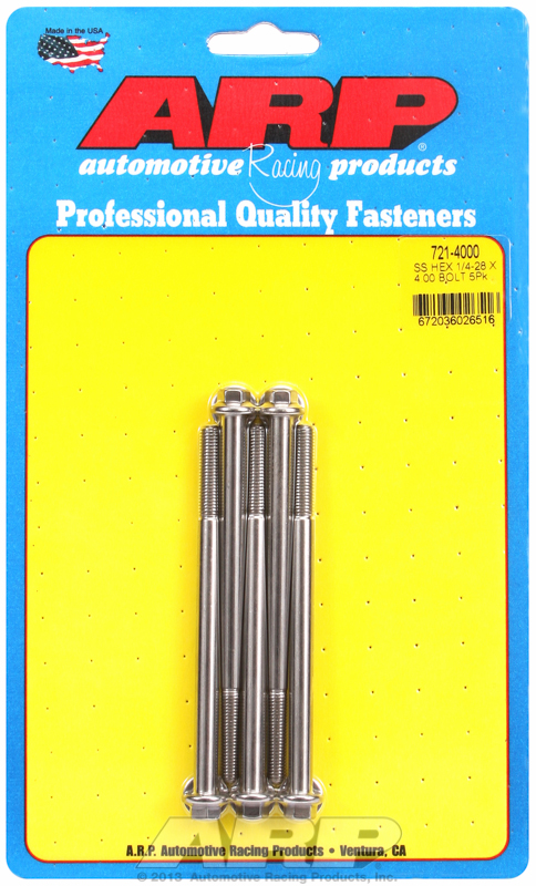 "1/4""-28 x 4.000 hex SS bolts" (5pcs)