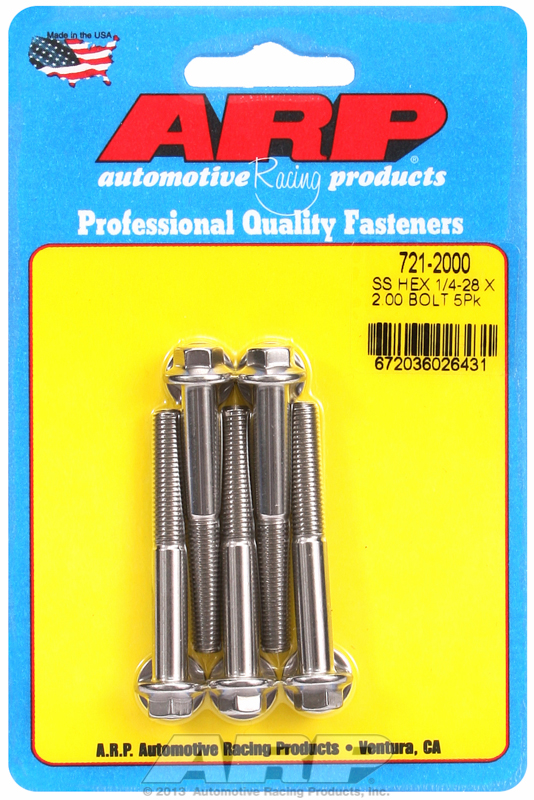"1/4""-28 x 2.000 hex SS bolts" (5pcs)