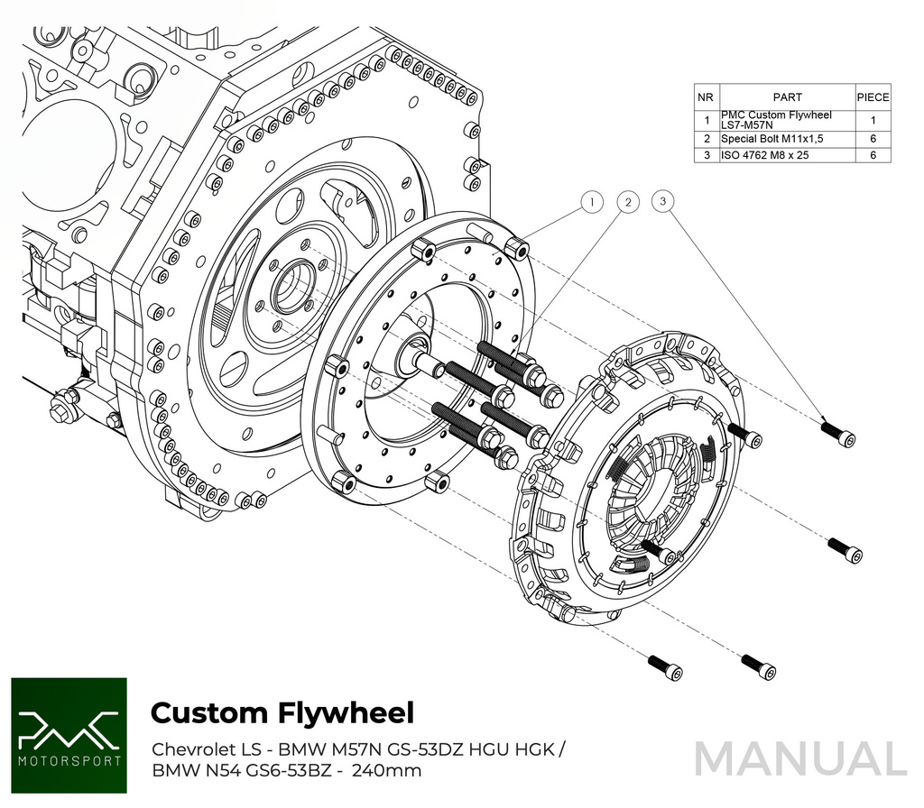 PMC RACE Steg 1 Chevrolet LS - BMW M57N HGU HGK / N54 - 240mm / 9.45"