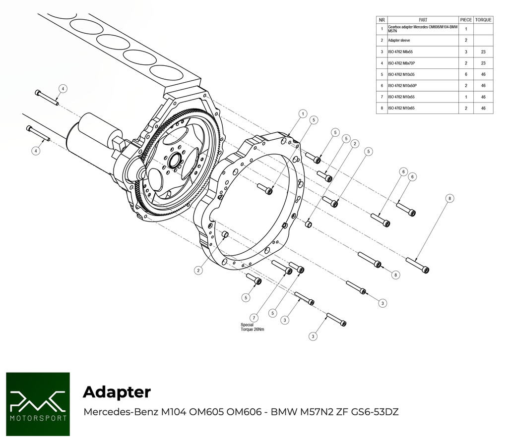 Adapter kit växellåda Mercedes OM605 OM606 - BMW M57N2 6-speed