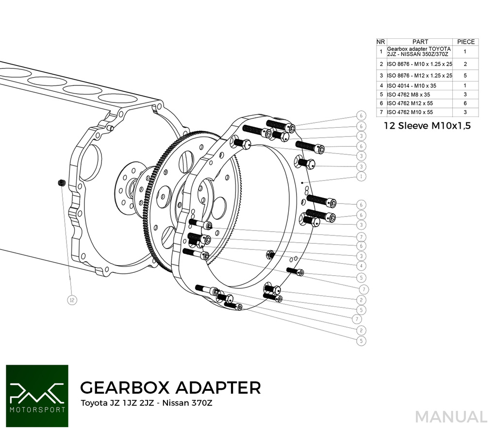 PMC Adapter Kit Toyota JZ 1JZ 2JZ - Nissan 350Z Z33 370Z Z34 CD009 - 184mm / 7.25"
