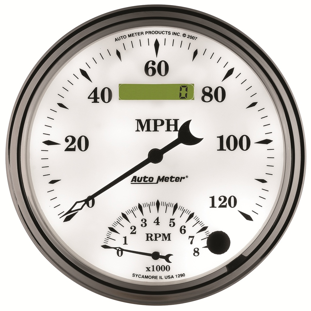 5" Varvmätare/Hastighetsmätare, COMBO, 8K RPM/120 MPH, OLD-TYME WHITE II