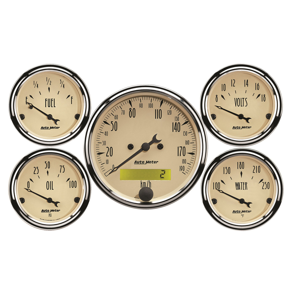 5 PC. Mätar-KIT, 3-1/8" & 2-1/16", ELEC. KM/H Hastighetsmätare,, ANTIQUE BEIGE