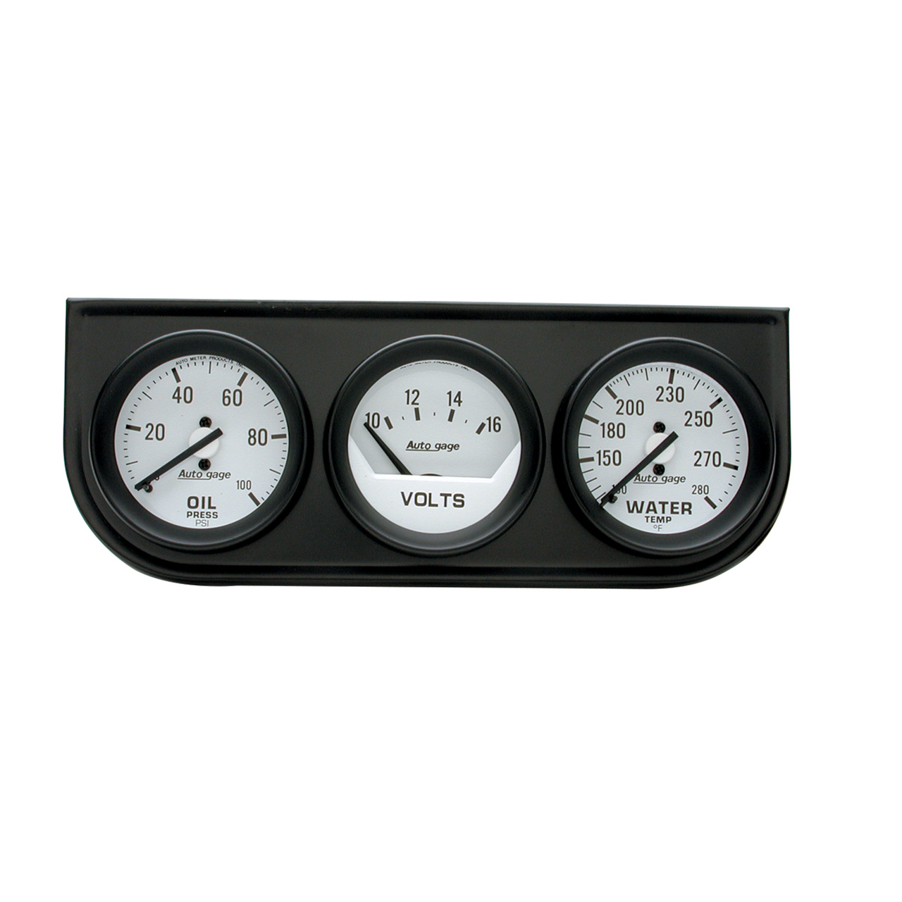 Mätarhållare / Konsol, Oljetryck/Vattentemp/VOLT, 2-1/16", 100 PSI/280 °F/16V, WHT DIAL, BLK BZL, AG
