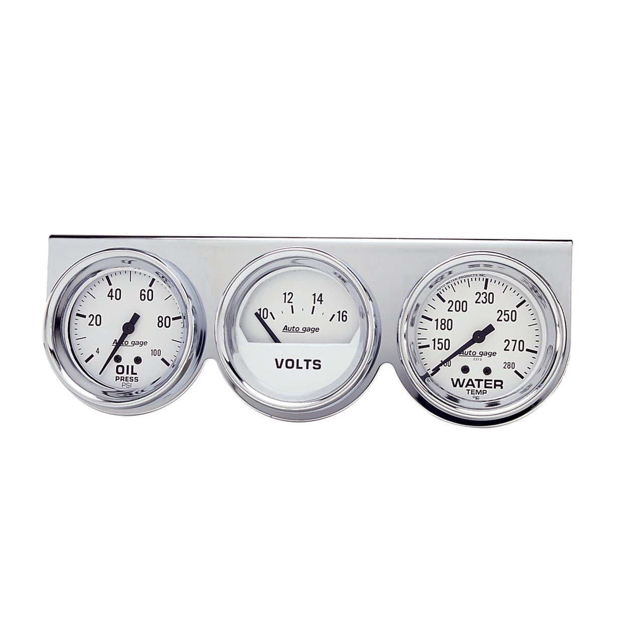 Mätarhållare / Konsol, Oljetryck/Vattentemp/VOLT, 2-5/8", 100 PSI/280 °F/16V, WHT DIAL, CHROME BZL, AG