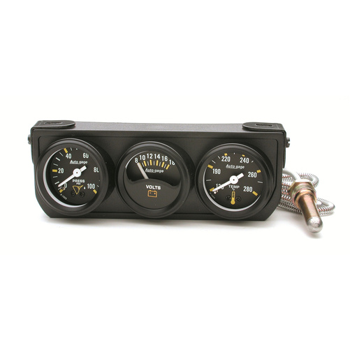 Mätarhållare / Konsol, Oljetryck/Vattentemp/VOLT, 1.5", 100 PSI/280 °F/18V, MECH BLK DIAL, BLK BZL, AG