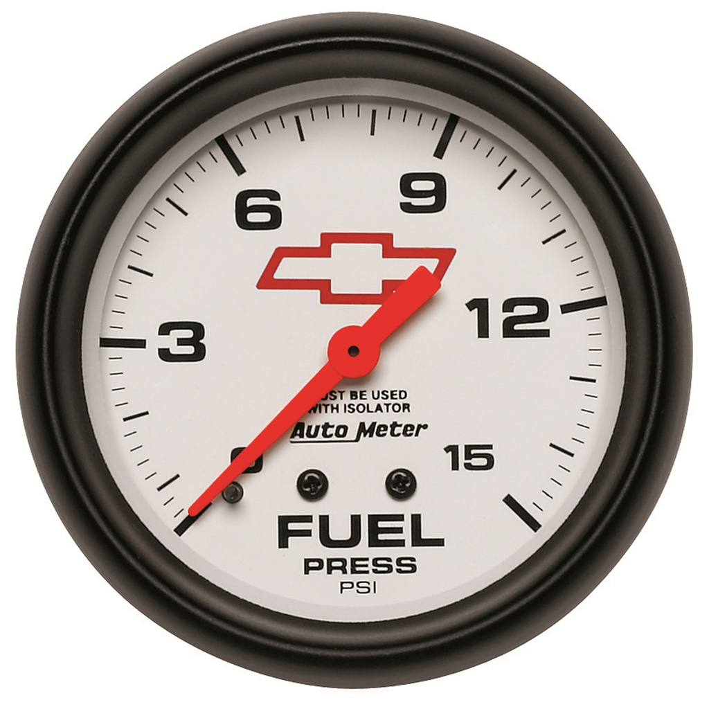 2-5/8" FUEL PRESSURE W/ ISOLATOR, 0-15 PSI, CHEVY RED BOWTIE, WHITE